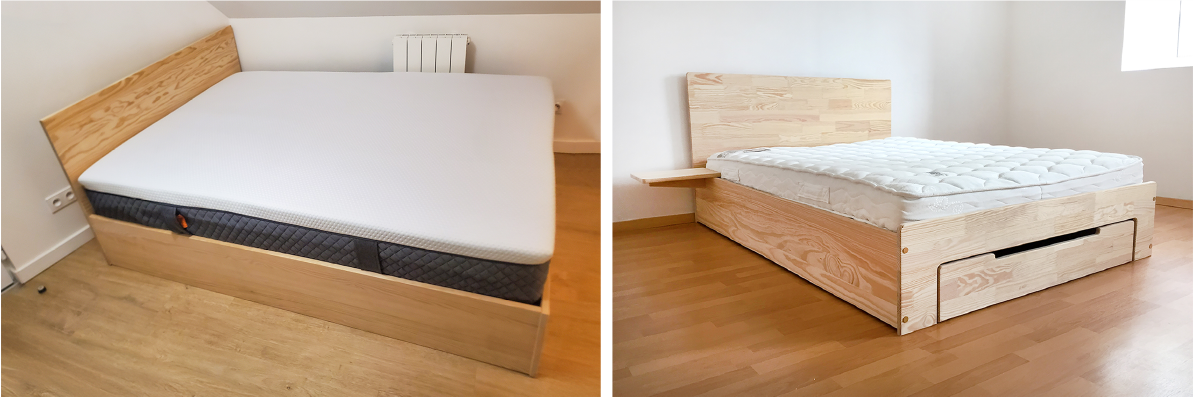 bed with wooden headboard